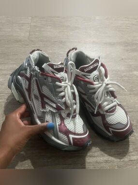 Balenciaga White and Burgundy Mesh Runner Sneakers